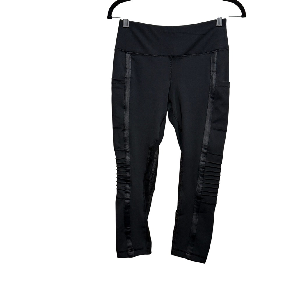 Vinaโ Black Moto Leggings Small S Ribbed Knee Satin Trim Athleisure Goth Biker